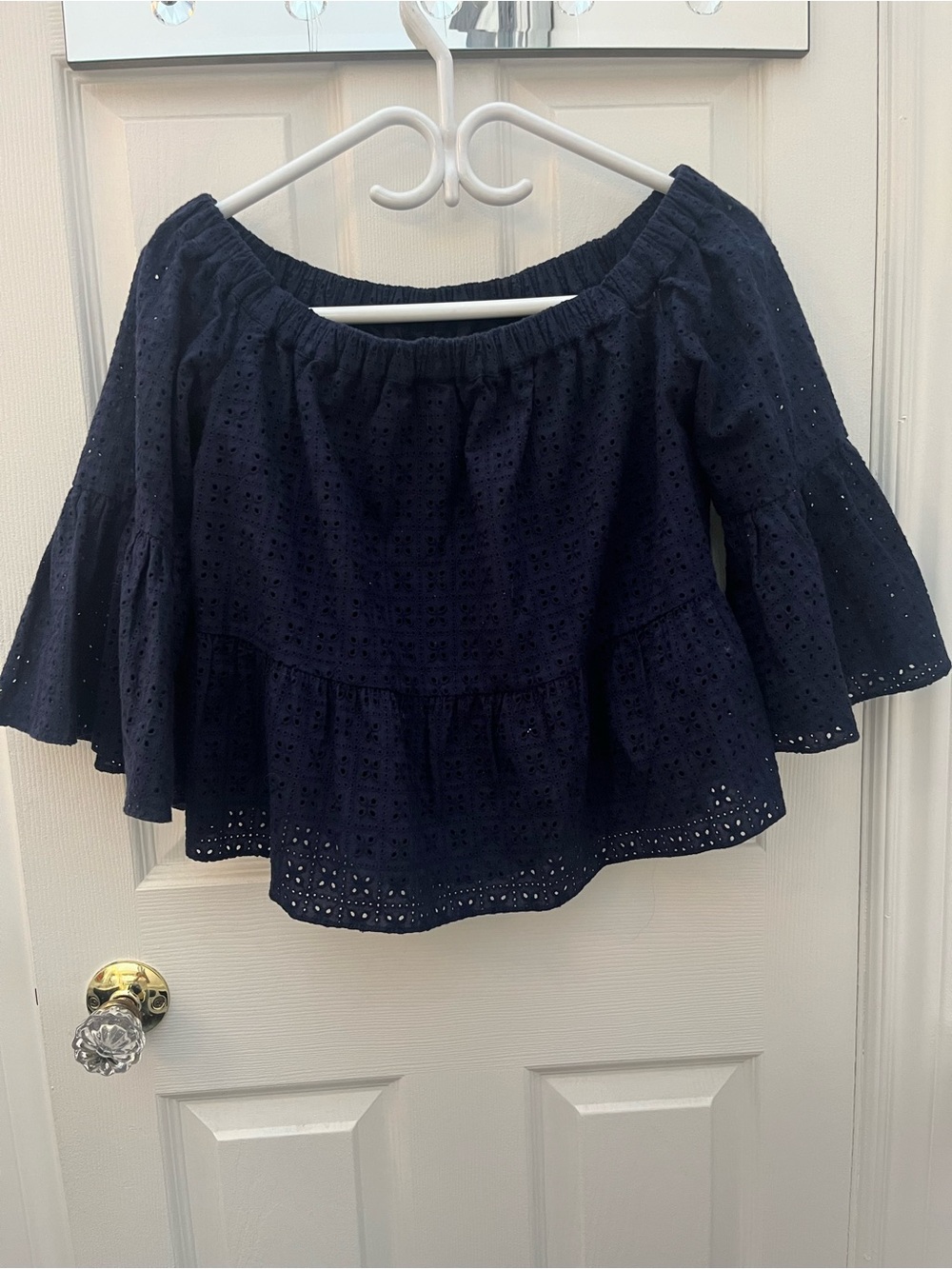 Likely Navy Off-Shoulder Eyelet Peasant Top
